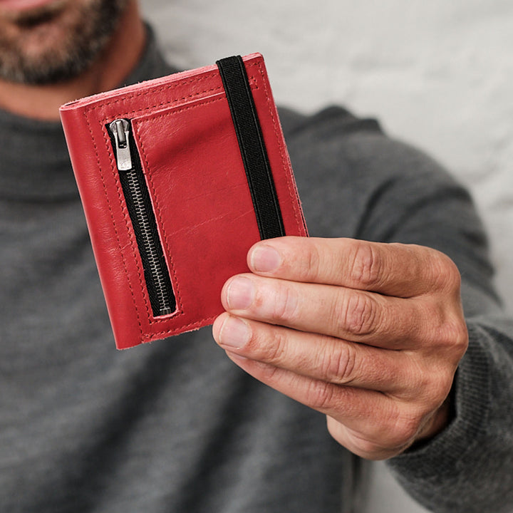 Zipper I Red leather wallet I Black elastic strap
