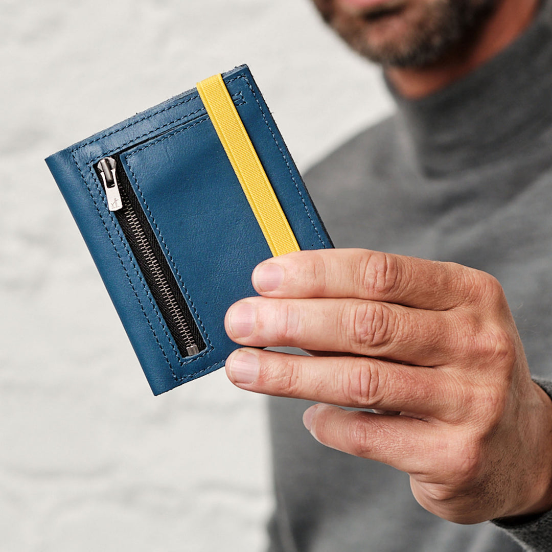 Zipper I Blue leather wallet I Yellow elastic strap