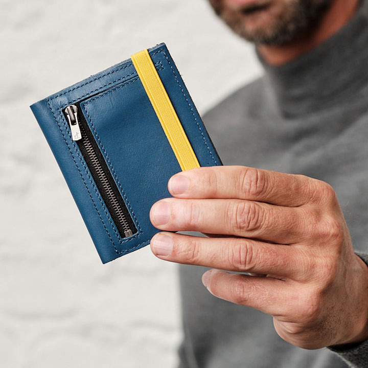 Zipper I Blue leather wallet I Yellow elastic strap