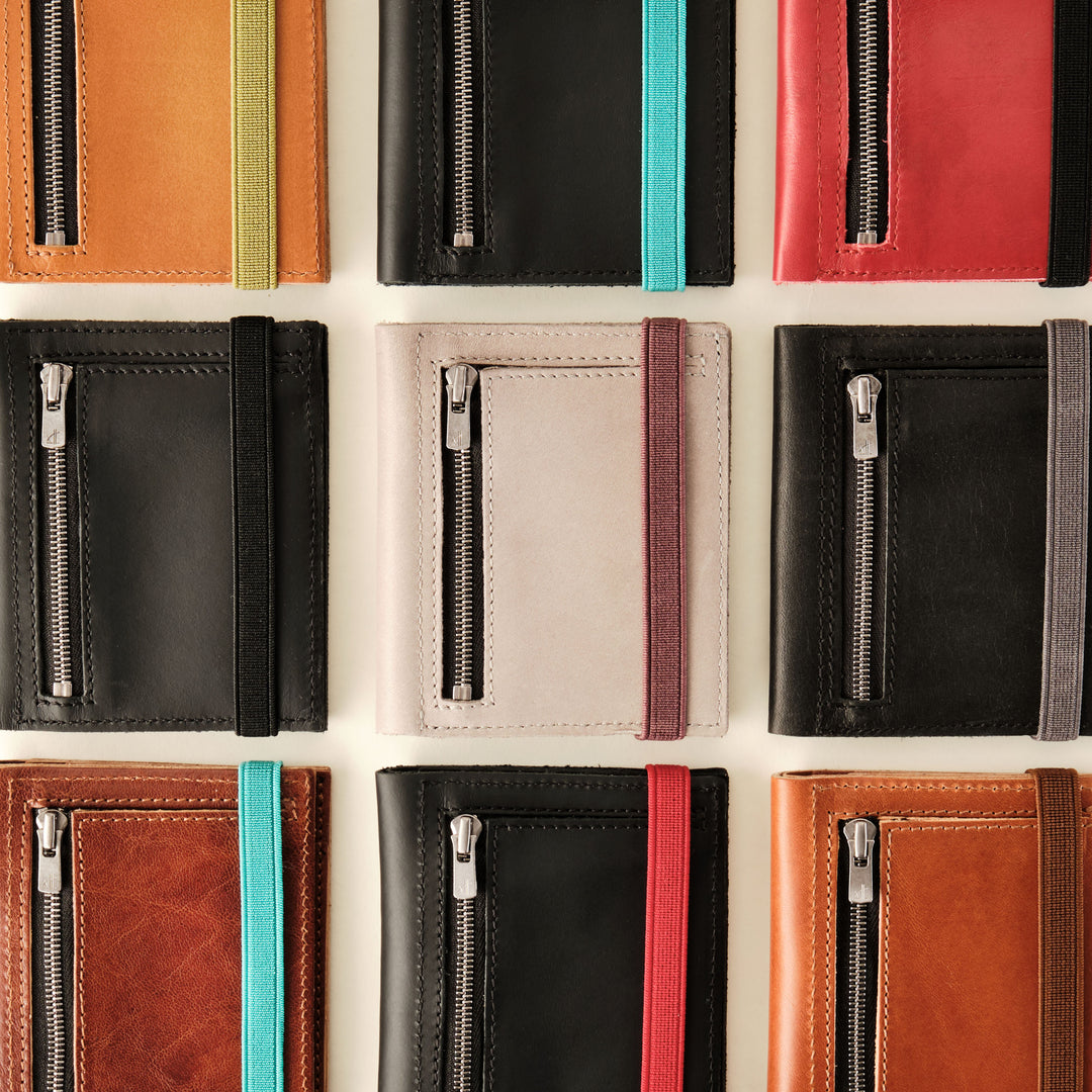Zipper I Black leather wallet I Red elastic strap