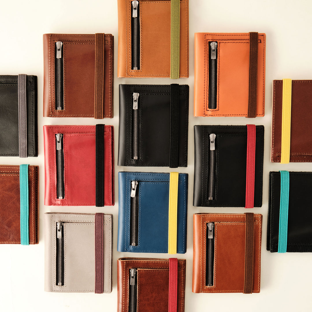 Zipper I Brown leather wallet I Turquoise elastic strap