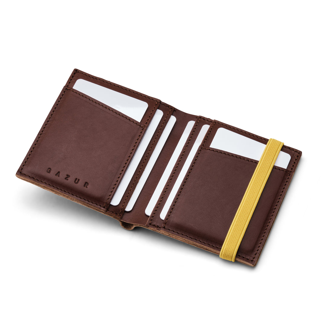 Zipper I Brown leather wallet I Yellow elastic strap