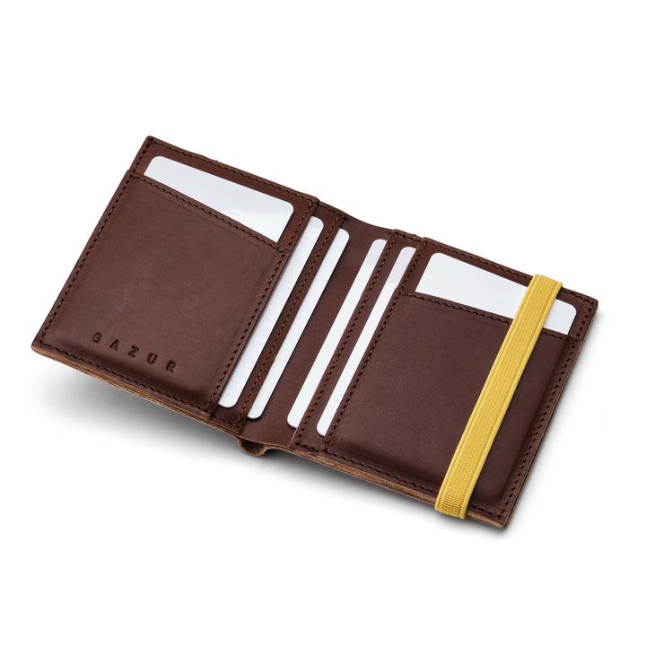 Zipper I Brown leather wallet I Yellow elastic strap