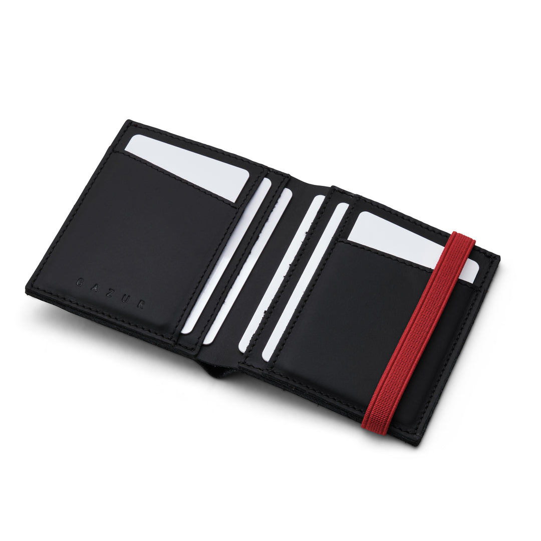 Zipper I Black leather wallet I Red elastic strap