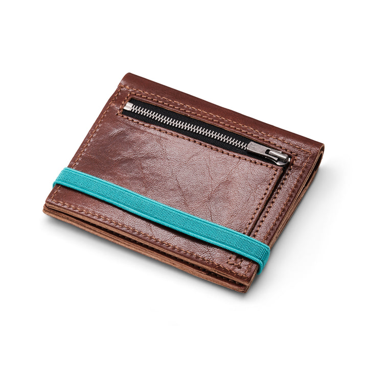Zipper I Brown leather wallet I Turquoise elastic strap