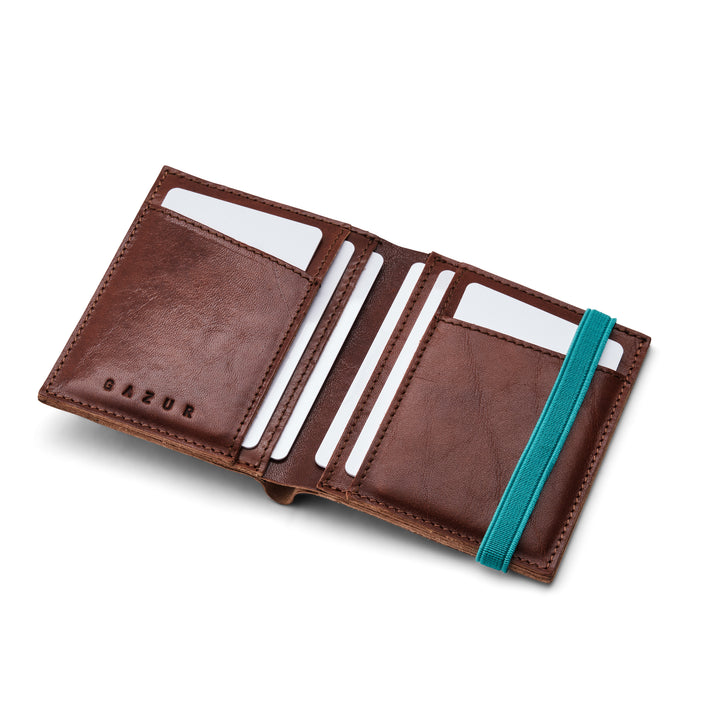 Zipper I Brown leather wallet I Turquoise elastic strap