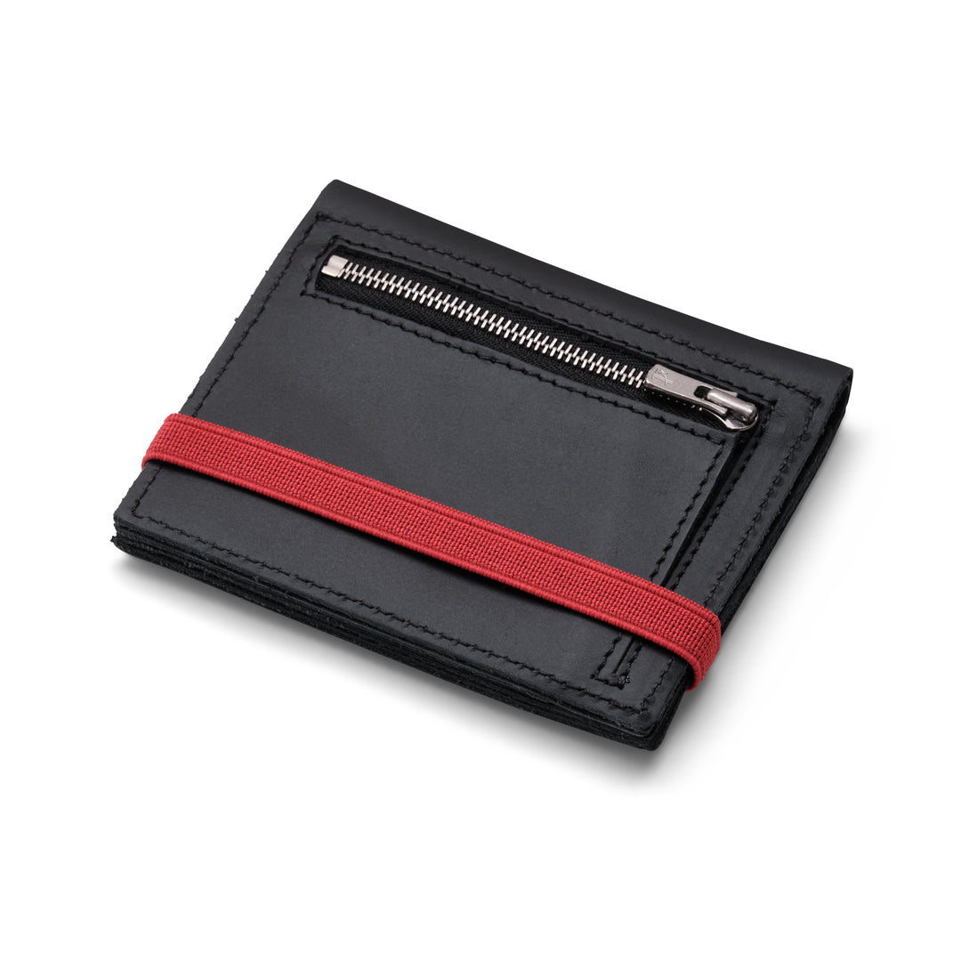 Zipper I Black leather wallet I Red elastic strap