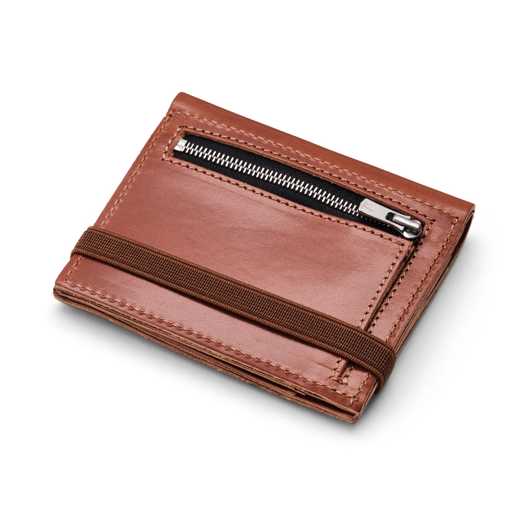 Zipper I camel brown leather wallet I brown elastic strap