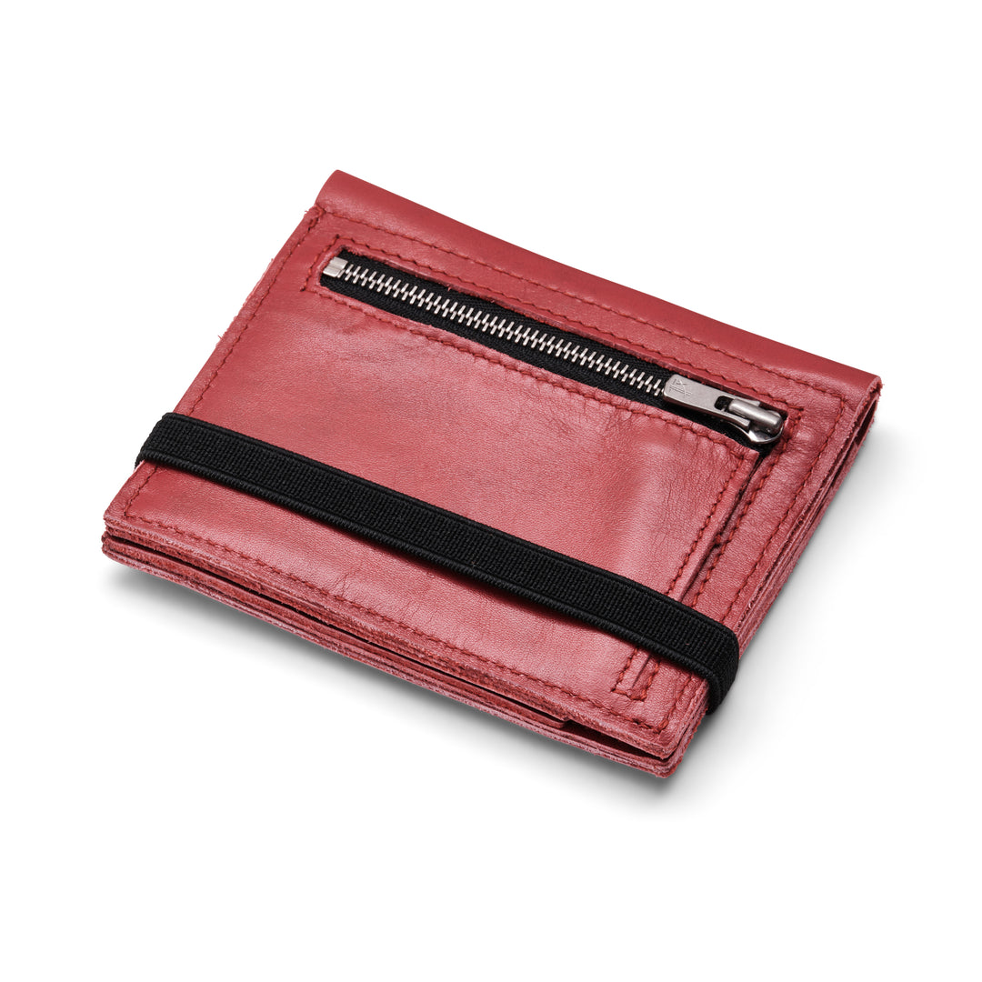Zipper I Red leather wallet I Black elastic strap