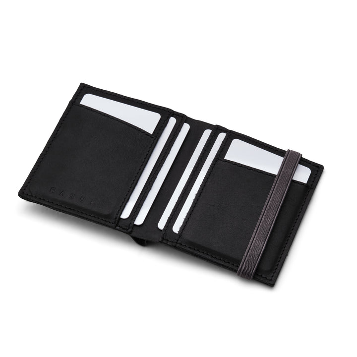 Zipper I Black leather wallet I Gray elastic strap