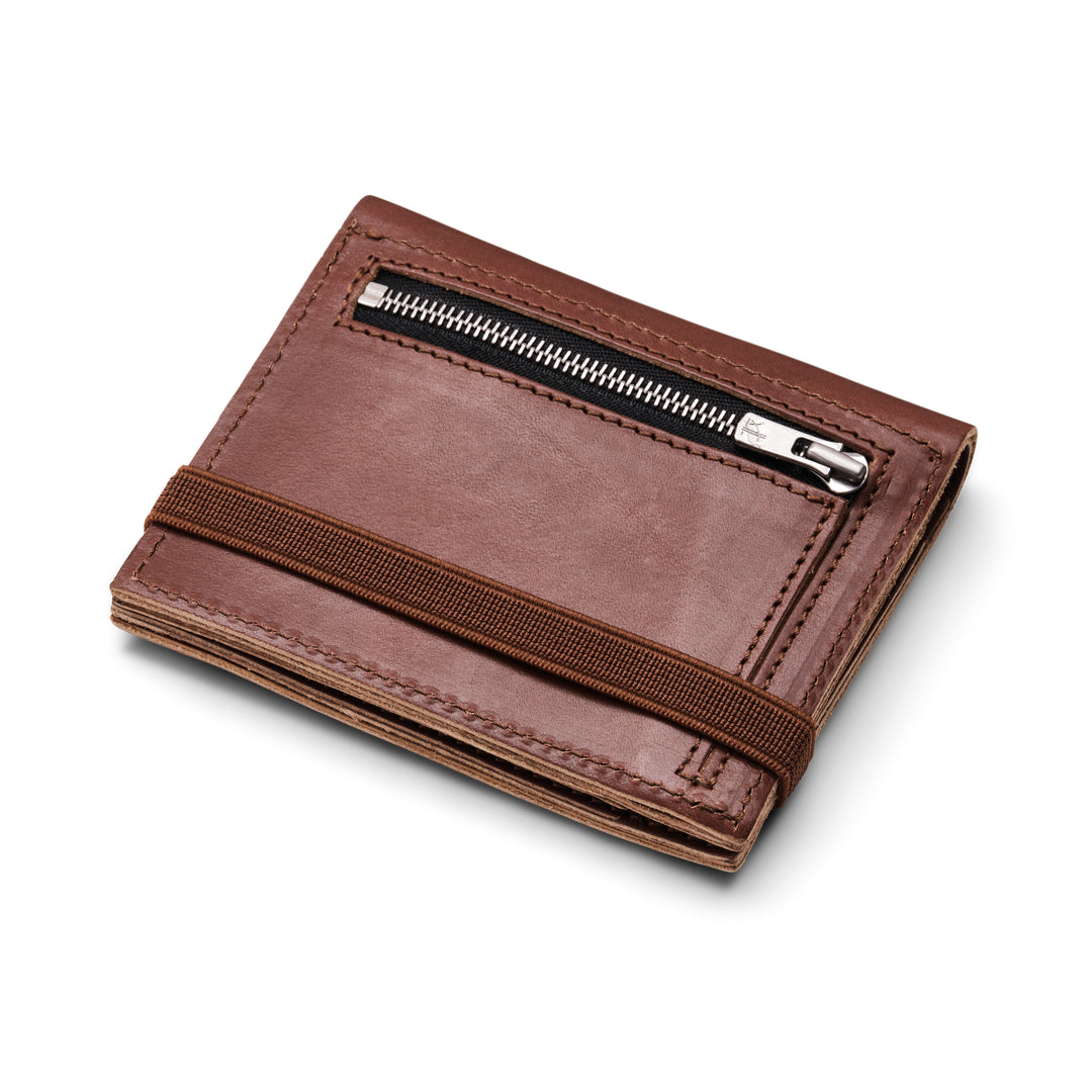 Zipper I Brown leather wallet I Brown elastic strap