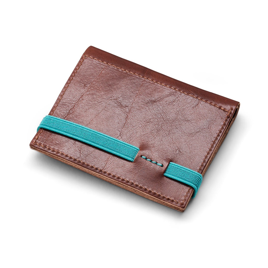 Zipper I Brown leather wallet I Turquoise elastic strap