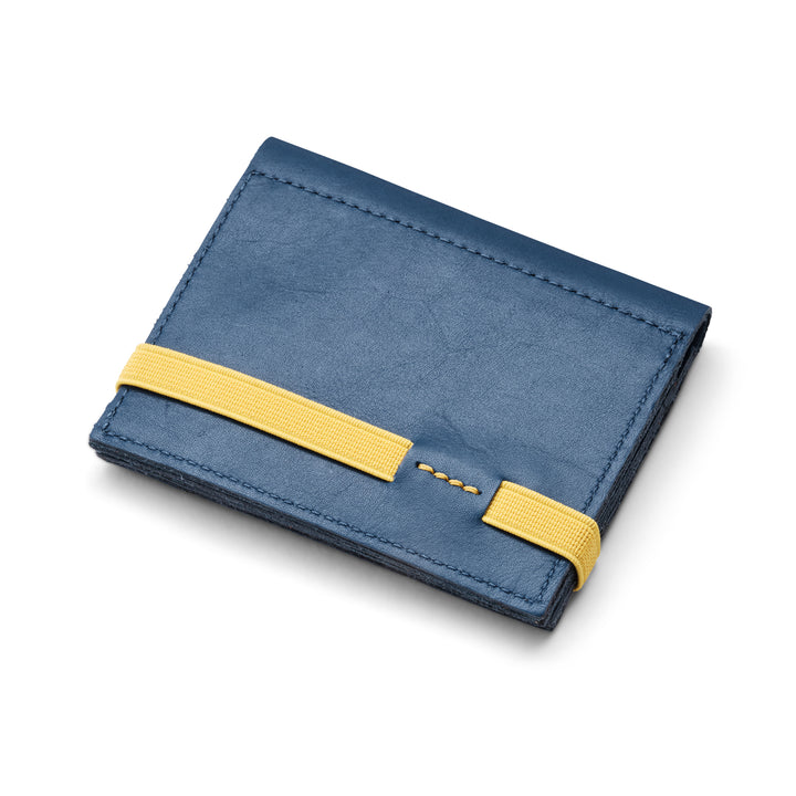 Zipper I Blue leather wallet I Yellow elastic strap