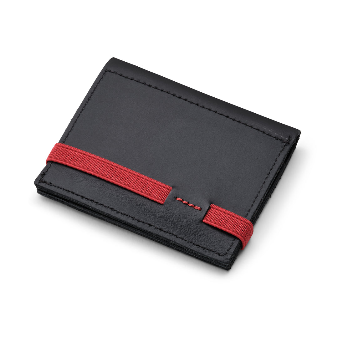 Zipper I Black leather wallet I Red elastic strap