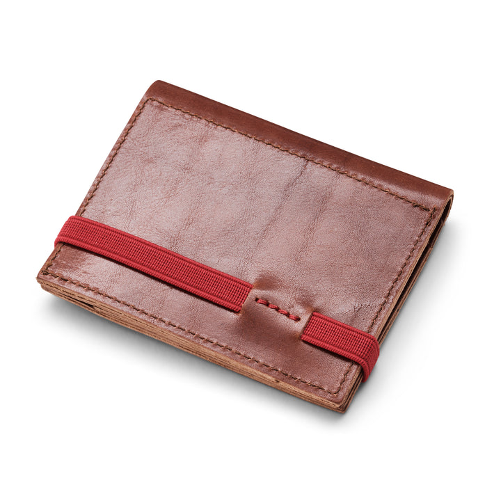 Zipper I Brown leather wallet I Red elastic strap
