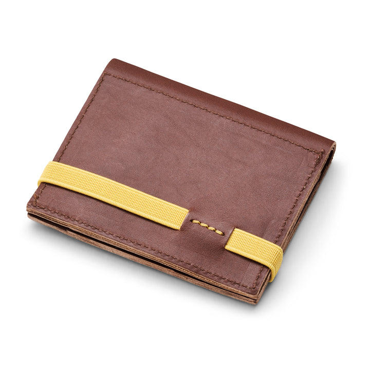 Zipper I Brown leather wallet I Yellow elastic strap