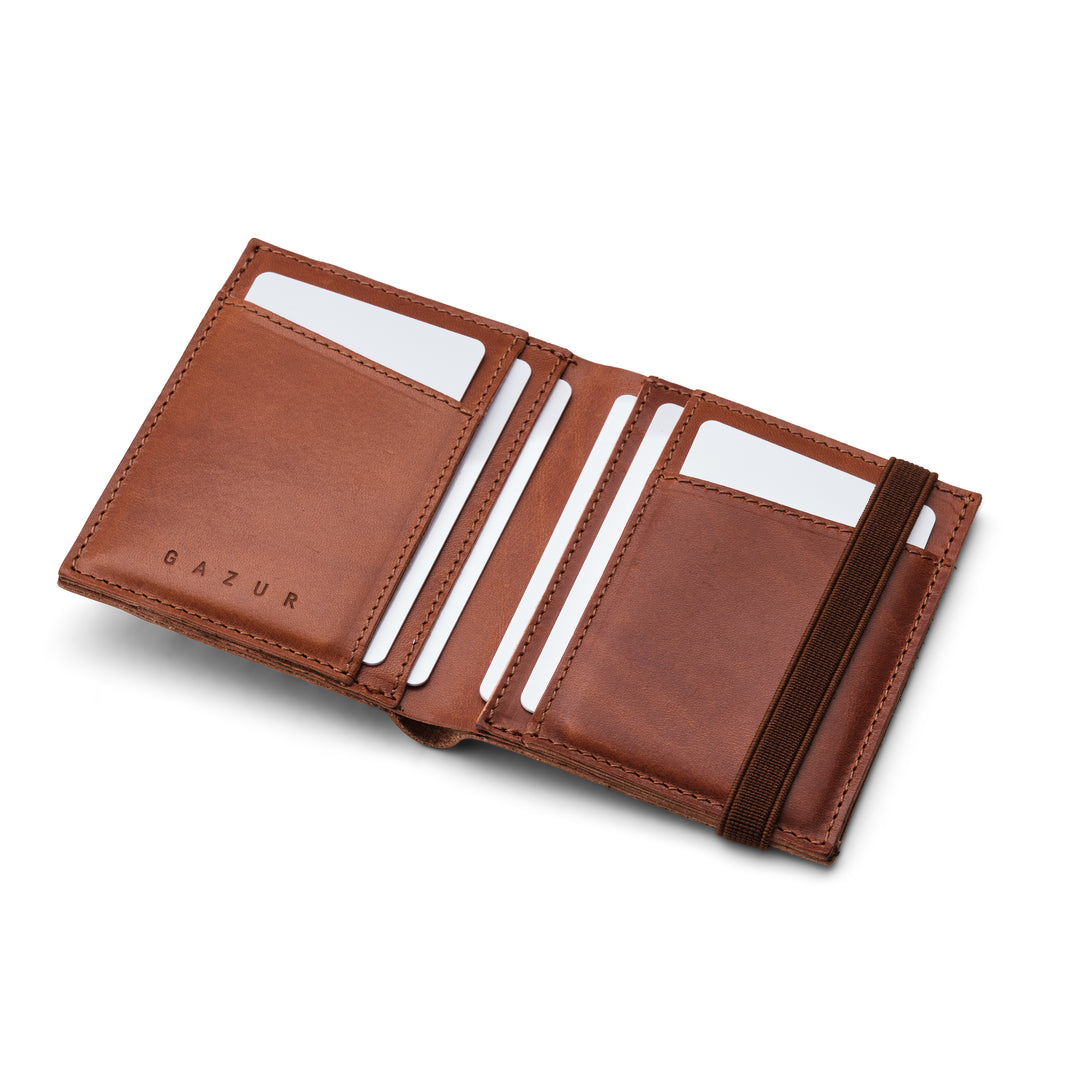 Zipper I camel brown leather wallet I brown elastic strap