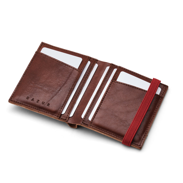 Zipper I Brown leather wallet I Red elastic strap