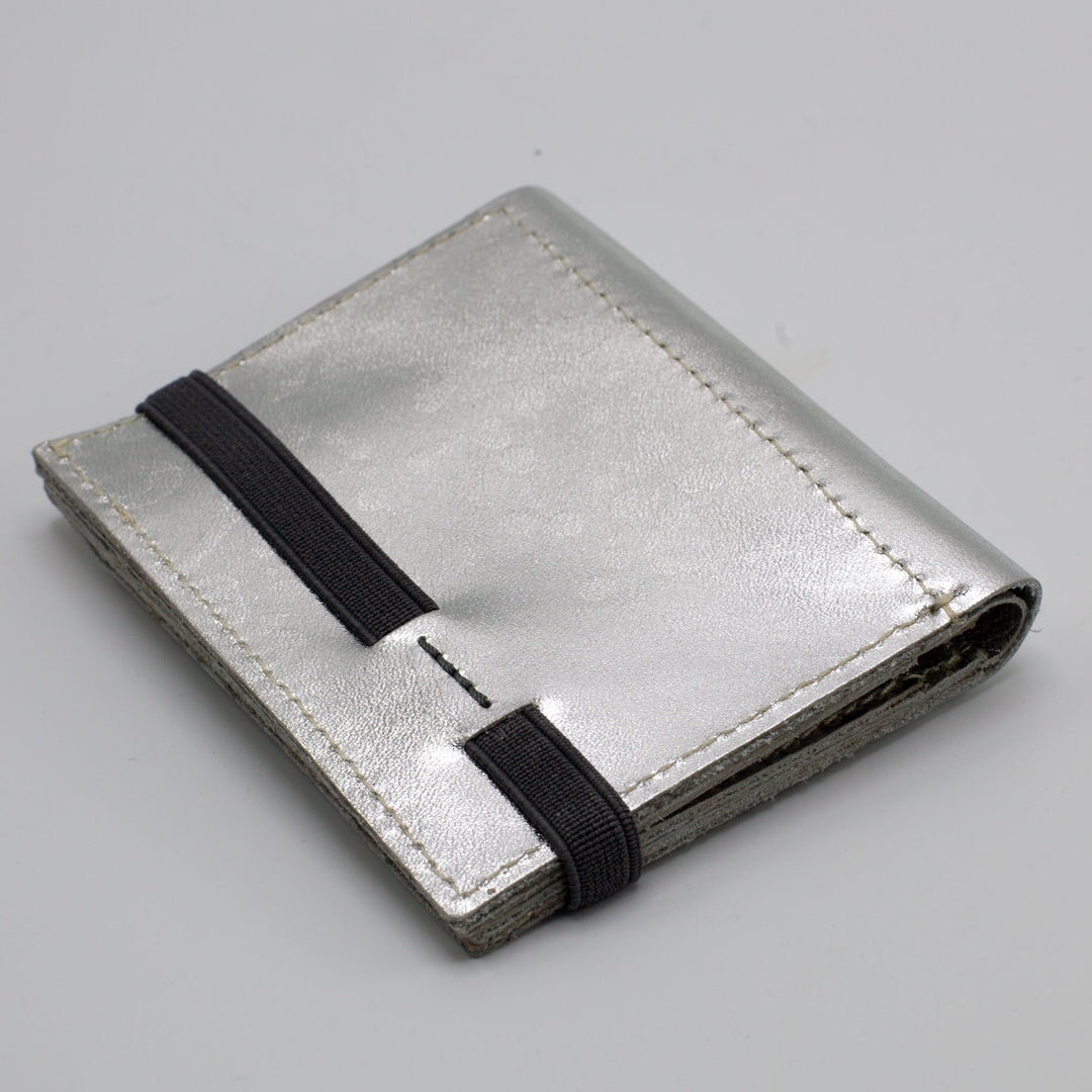 Zipper | Silber glänzend Leder Portemonnaie | Grau Gummiband