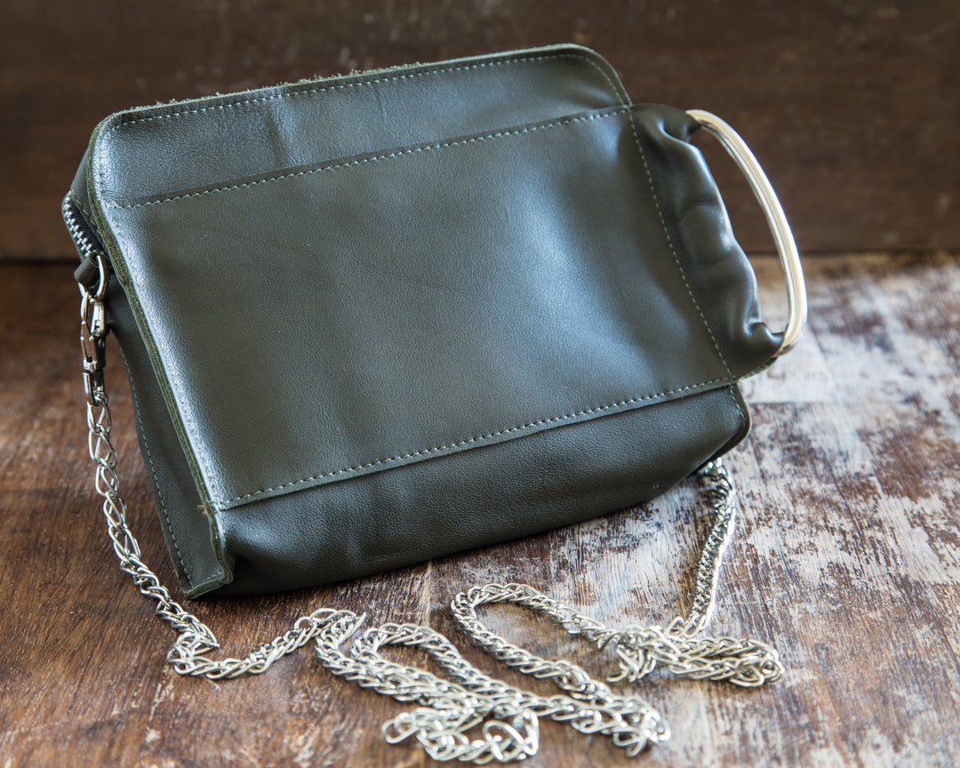 Green leather cross body clutch