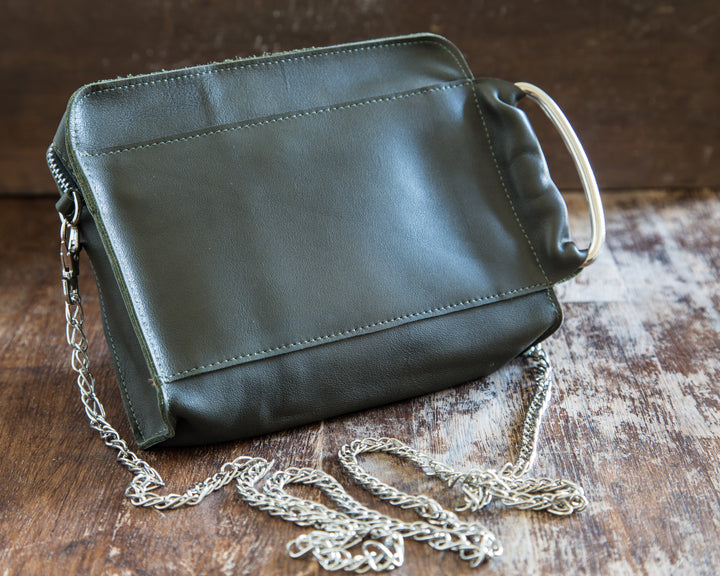Green leather cross body clutch