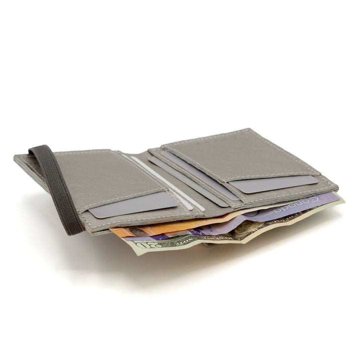 Zippers | Silver shiny leather wallet | Gray rubber band