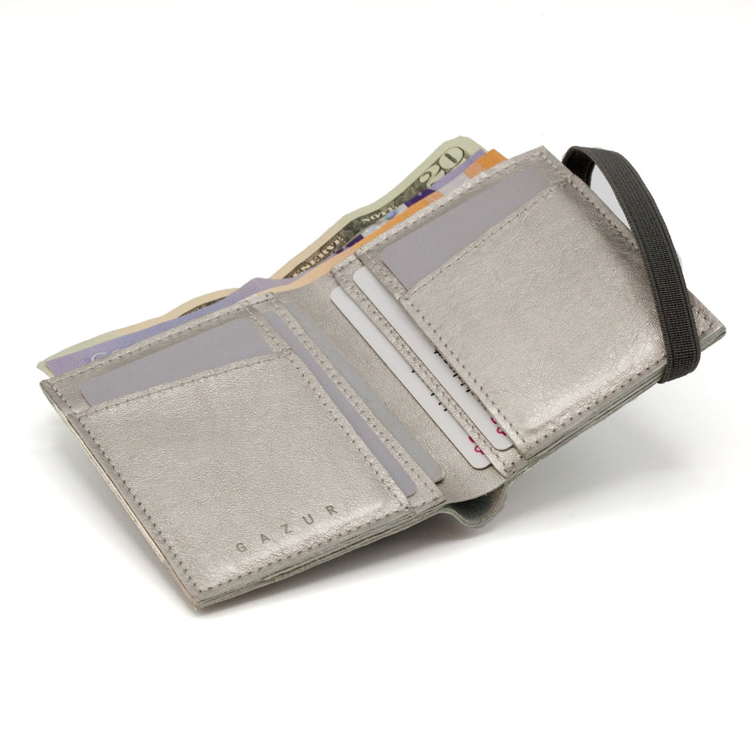 Zippers | Silver shiny leather wallet | Gray rubber band