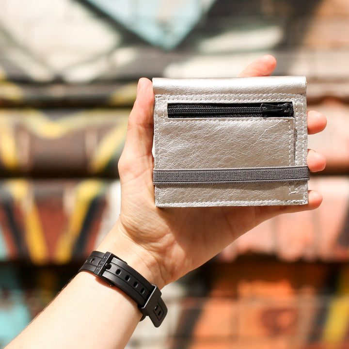 Zipper | Silber glänzend Leder Portemonnaie | Grau Gummiband
