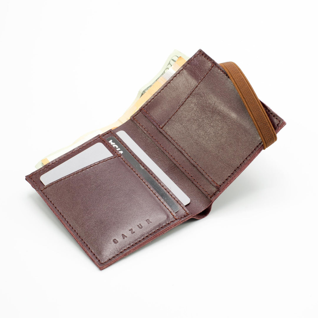 Zipper | Burgundy Leder Portemonnaie | Braunes Gummiband