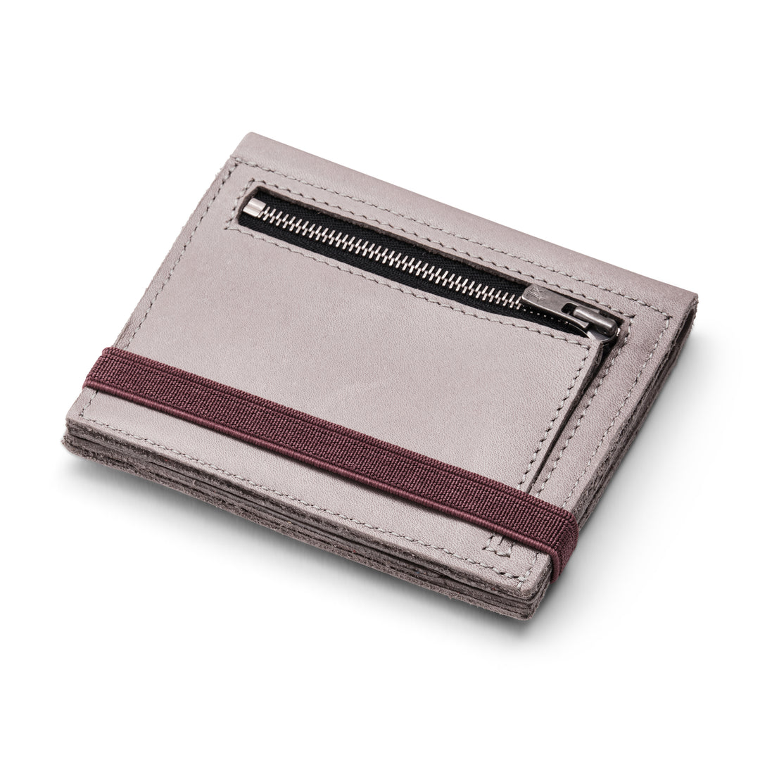 Zippers | Stone gray leather wallet | Purple rubber band