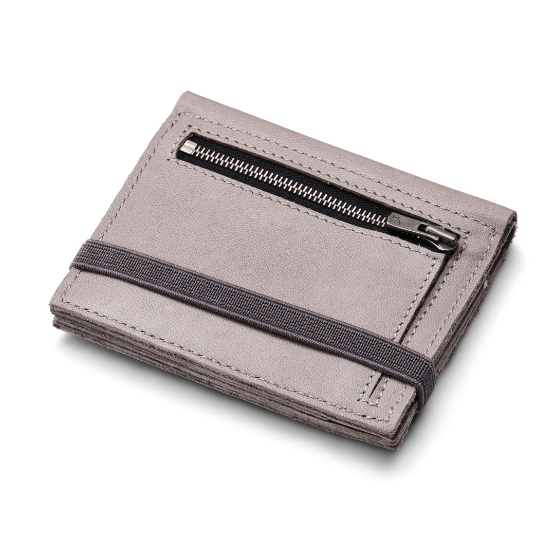 Zippers | Stone gray leather wallet | Gray rubber band