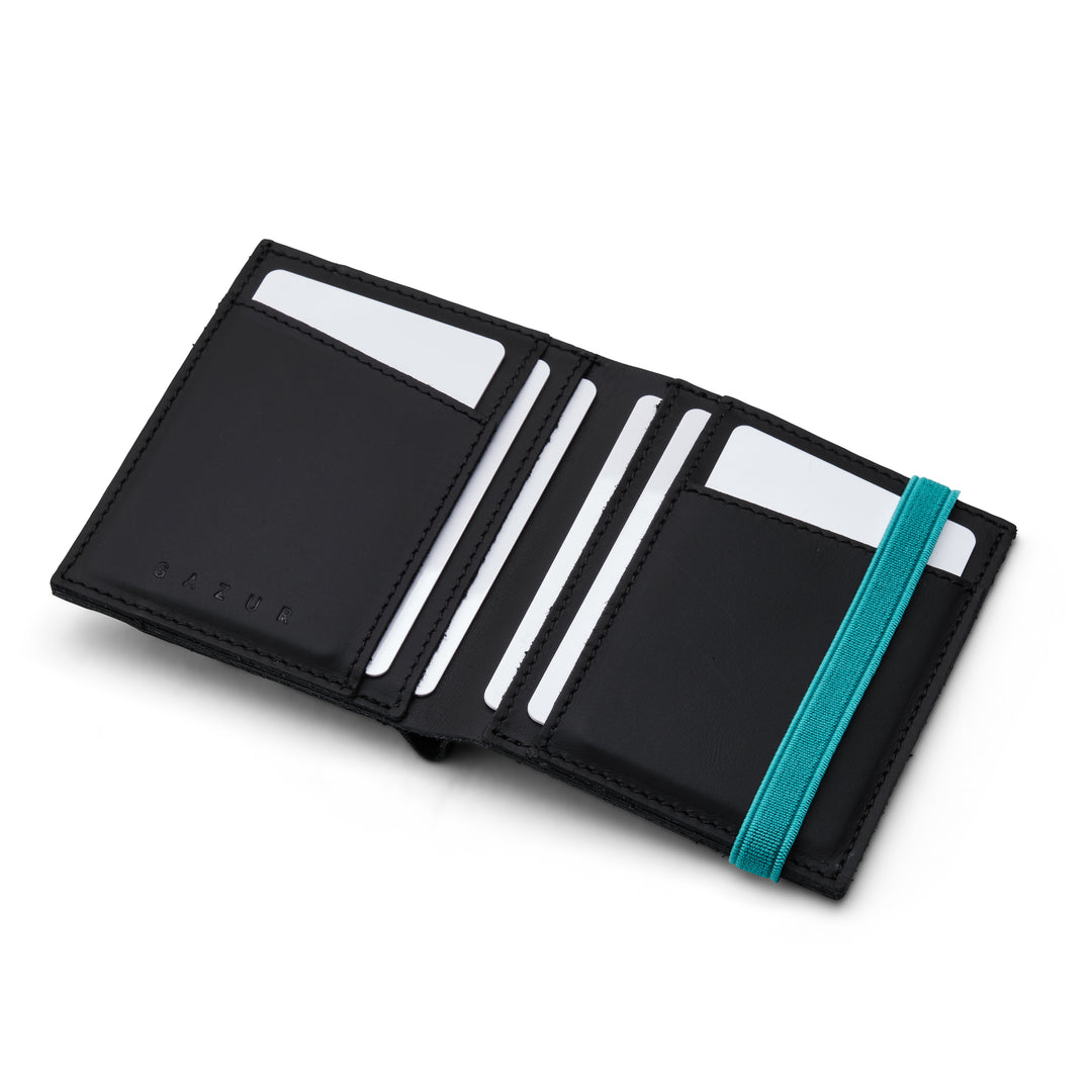 Zipper I Black leather wallet I Turquoise rubber band