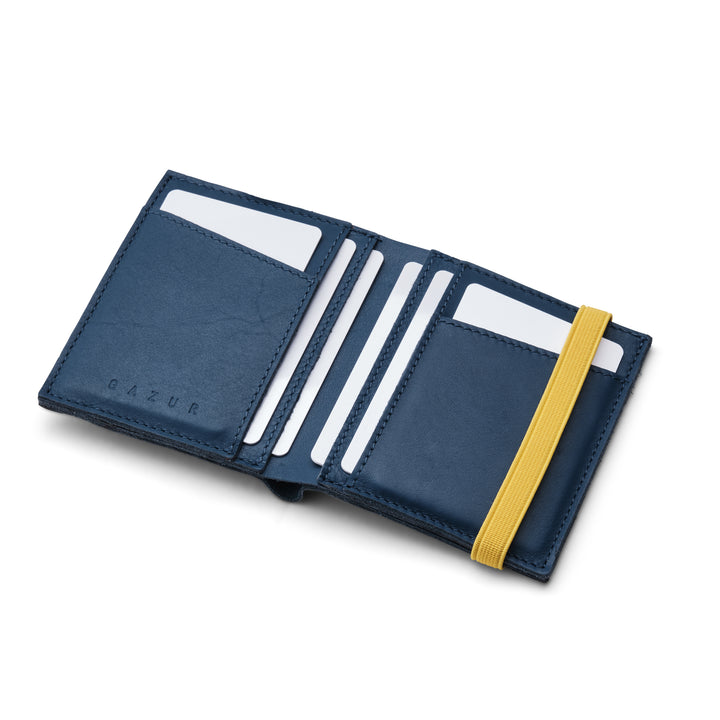 Zipper I Blue leather wallet I Yellow elastic strap