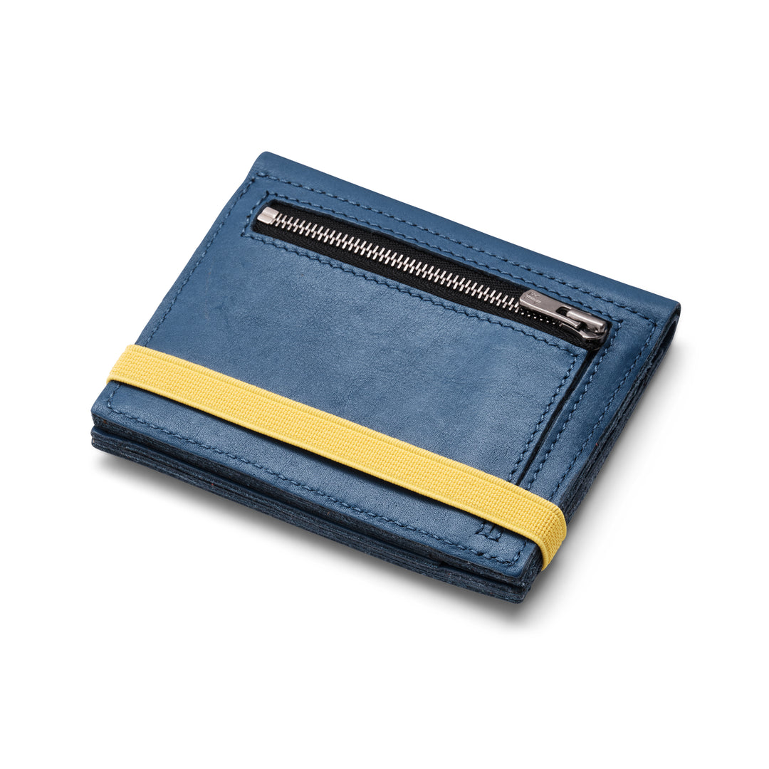 Zipper I Blue leather wallet I Yellow elastic strap