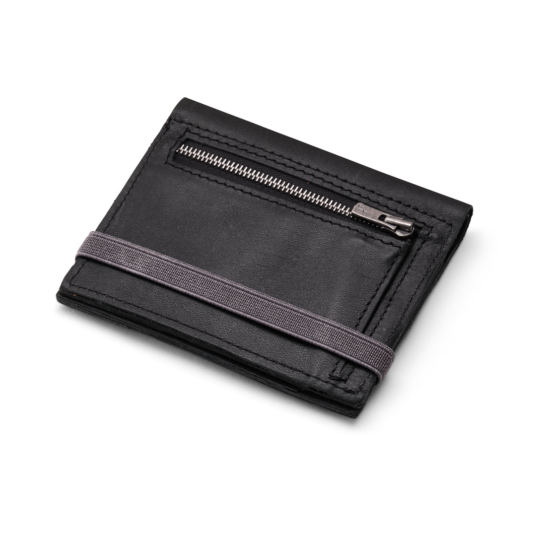 Zipper I Black leather wallet I Gray elastic strap