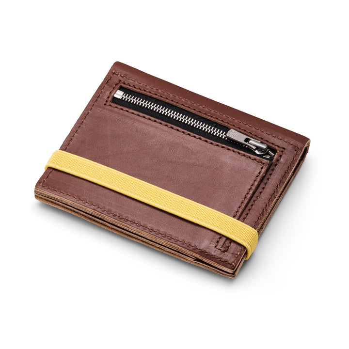 Zipper I Brown leather wallet I Yellow elastic strap