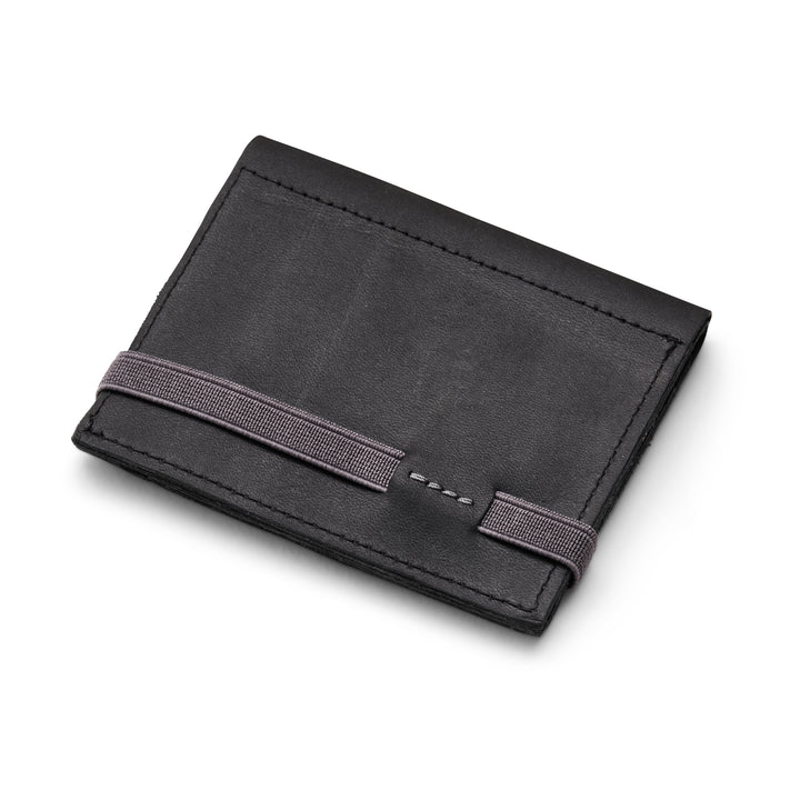 Zipper I Black leather wallet I Gray elastic strap