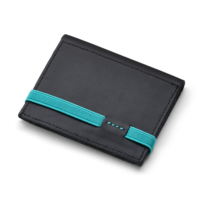 Zipper I Black leather wallet I Turquoise rubber band