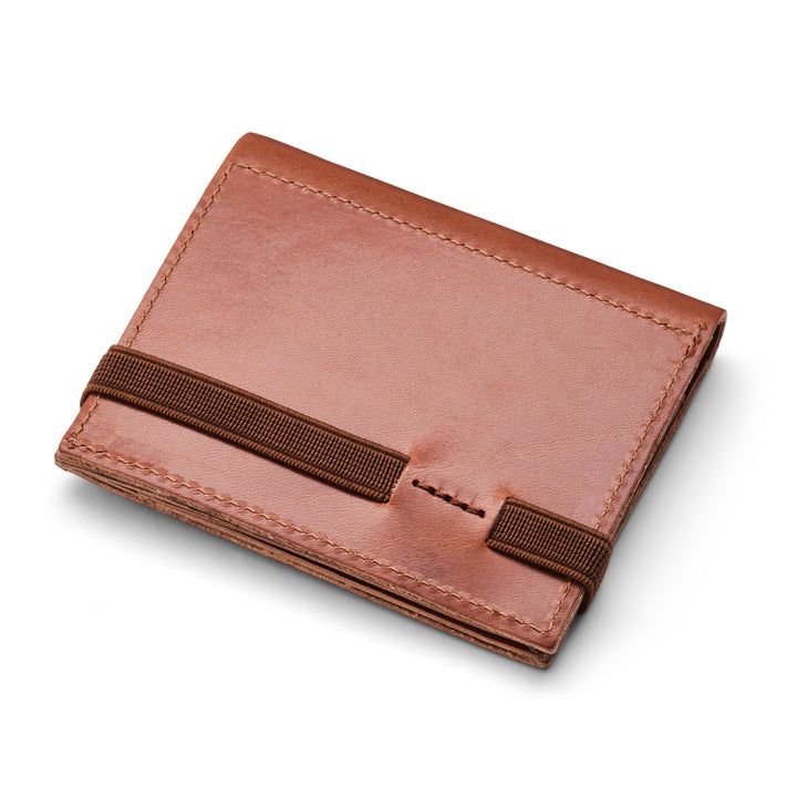 Zipper I camel brown leather wallet I brown elastic strap