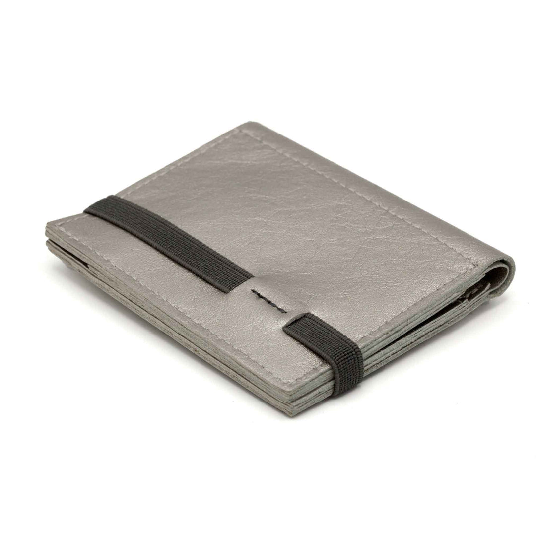 Zippers | Matte Silver Leather Wallet | Gray rubber band