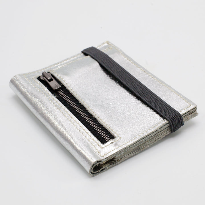 Zippers | Silver shiny leather wallet | Gray rubber band
